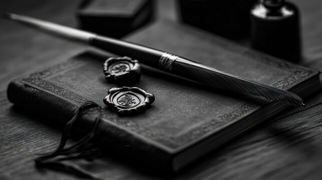 Antique leather journal, wax seals, fountain pen, on wooden desk