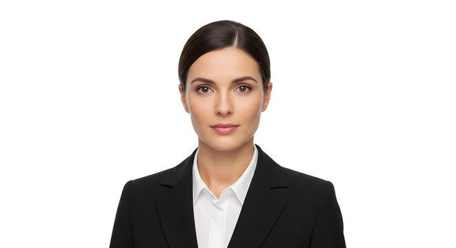 A professional corporate headshot of a confident businesswoman in a black suit posing for her ID card on a clean white background.