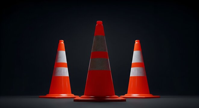 closeup three shiny orange arranged traffic cones barriers in dark background	
