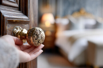 A hand holding an elegant gold door handle, partially revealing luxurious room interior in blurred background, accommodation, hotel, new house, real estate business