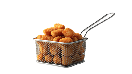 Delicious fried chicken nuggets in a metal basket on black background studio shot perfect for food blog on transparent background