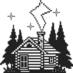 Naklejka premium Retro pixel art cozy log cabin with smoking chimney, surrounded by pine trees and stars in night forest landscape