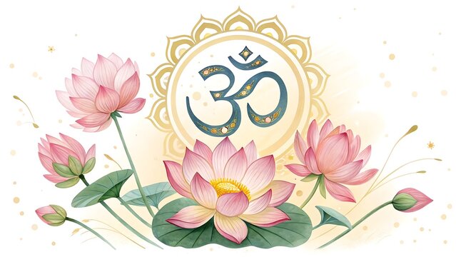 Watercolor lotus flowers with om symbol illustration