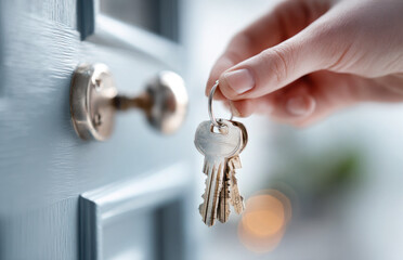 A Hand holding Manual Key with blurred background of door. Represent new opportunities, ownership, new start, Real estate, house, apartment, resident concept