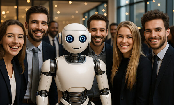 A happy and diverse business team posing with a humanoid AI robot, symbolizing future collaboration and the integration of technology in the workplace.