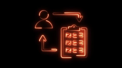 Neon glowing human icon connected to checklist clipboard with checkmarks and arrows symbolizing task completion