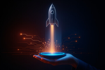 A hand holding a digital platform with a glowing rocket launching from it, representing a business startup, technology innovation, and successful launch.