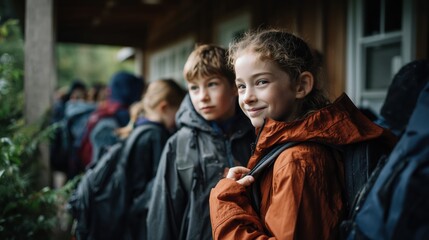 Fototapeta premium Excitement builds as children prepare to explore outdoors while putting on their rain gear at camp