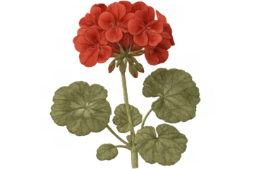 Botanical watercolor rendering showing vibrant red geranium blossom, verdant foliage, transparent backdrop highlighting delicate botanical details