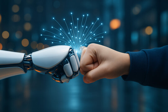 Robot and human hands making a fist bump, symbolizing future collaboration, partnership, and successful teamwork between people and AI.