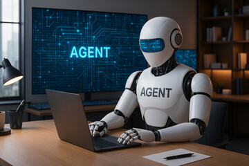 A humanoid AI robot agent working on a laptop computer in a modern office, with "Agent" displayed on a large screen behind it.