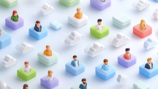 digital banking customer cloud. Digital illustration of diverse characters sitting in colorful seats.