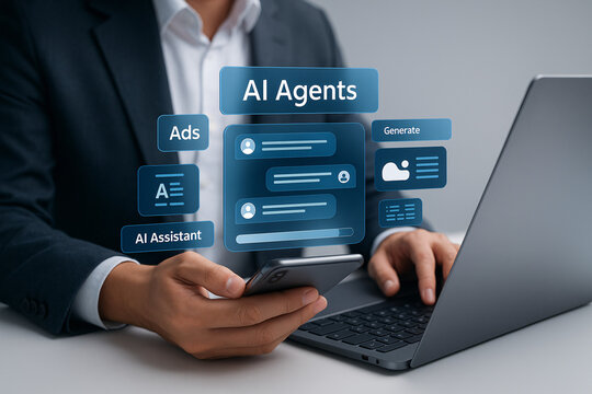 Businessman using AI Agents on a virtual chatbot interface for customer service, advertising, and content generation, integrated with a smartphone and laptop. - Powered by Adobe