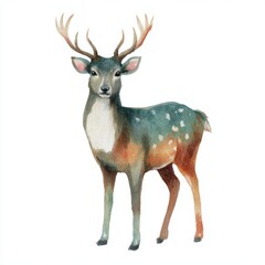Obraz premium A majestic deer standing proudly, showcasing its impressive antlers and patterned coat. The watercolor style gives a whimsical feel.