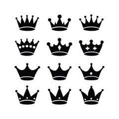 Collection of Nine Black Crown Icons on White Background Royalty and Leadership Symbols
