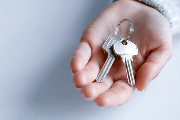 Manual keys in a hand against white background, symbolizing real estate, ownership, relocation, property investment, leasing or rental, buy and sell
