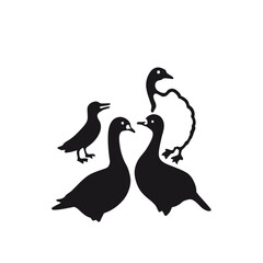 Obraz premium A serene nature illustration featuring a black silhouette of a mother duck and her ducklings, symbolizing peace and love