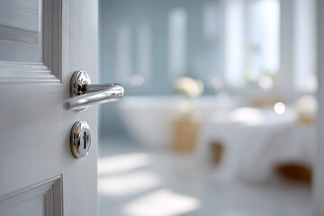 Modern design door handle, partially revealing room interior in blurred background, accommodation, hotel, housing, real estate business
