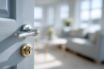 Modern design door handle, partially revealing room interior in blurred background, accommodation, hotel, housing, real estate business