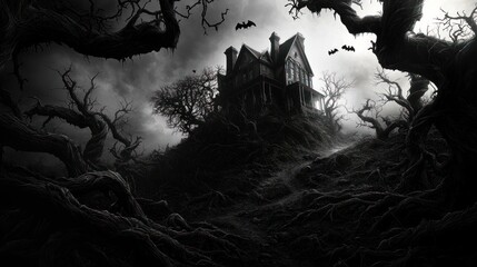 Haunted mansion on hilltop in spooky forest at night