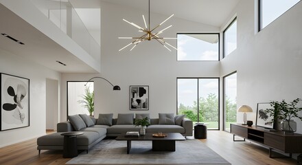 Fototapeta premium Modern Luxury Living Room Interior Design with Large Windows and Minimalist Decor