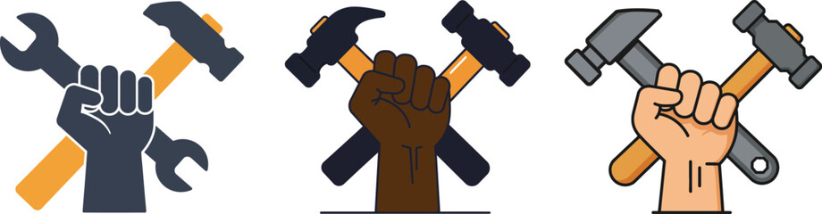 Symbolic Fists Holding Tools Hammers and Wrenches Labor and Unity.