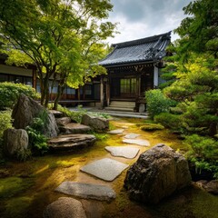 Obraz premium A tranquil Japanese garden with stone pathway leading to a traditional building surrounded by greenery