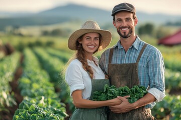 Young couple holding fresh vegetables in a lush field during golden hour in summer