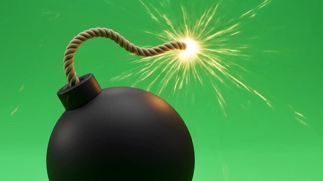 Black bomb with lit fuse on green background