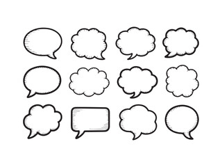 Collection of hand drawn speech bubbles silhouette isolated on white background