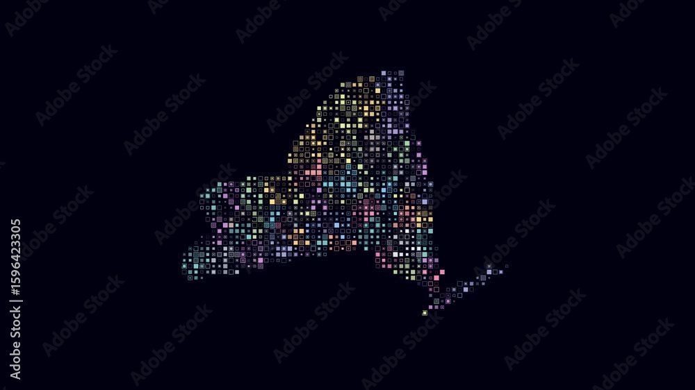 Poster new york dotted animation. shape of the state build of pulsating colored dots. small size square blo