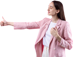 Happy young caucasian female in an pink jacket making thumb up sign and smiling. Good job and respect.