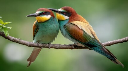 Obraz premium Two colorful bee-eaters perched on a branch.