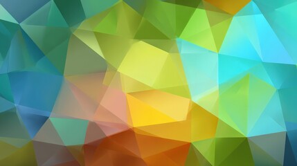 Fototapeta premium Abstract polygonal background with a vibrant gradient of blue, green, yellow, and orange hues creating a colorful geometric texture.