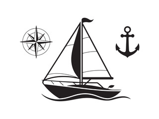 Nautical sailboat compass and anchor silhouette vector isolated on white background