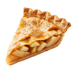 A slice of apple pie with a golden, flaky crust and visible chunks of apple filling.