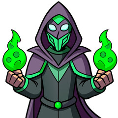 Obraz premium Cartoon Dark Wizard Holding Green Magic Orbs