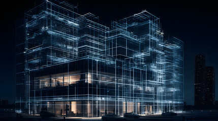 High-tech architectural visualization showing a glowing blue wireframe of a modern office building in a digital twin environment Perfect for smart city concepts architecture firms or tech infrastru