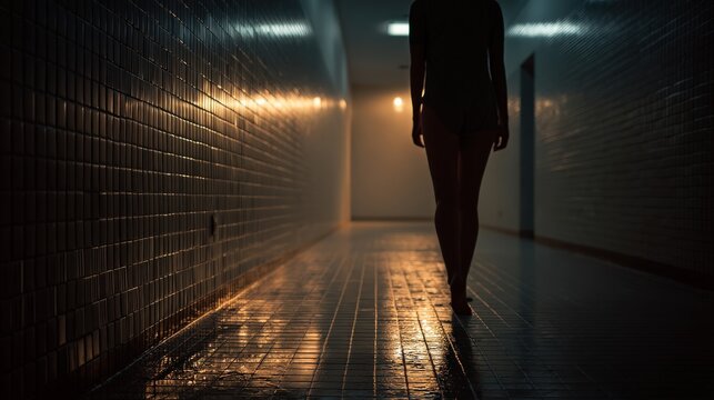 A silhouette of a person walking down a dimly lit, wet tiled corridor with reflective surfaces and a mysterious atmosphere.