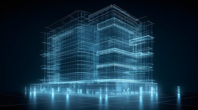 High-tech architectural visualization showing a glowing blue wireframe of a modern office building in a digital twin environment Perfect for smart city concepts architecture firms or tech infrastru