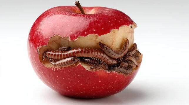 A red apple is partially eaten, revealing a cluster of centipedes inside the fruit.