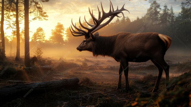 Fototapeta Majestic elk in a misty forest at sunrise. Possible use Nature, wildlife, desktop wallpaper