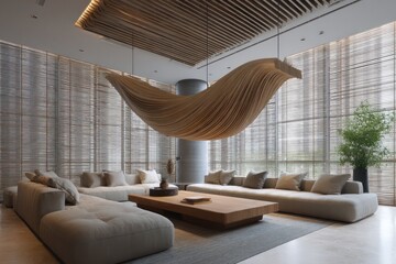 Futuristic lounge space with kinetic sculpture centerpiece, natural lighting slatted blinds casting layered shadows, soft textures on neutral upholstery