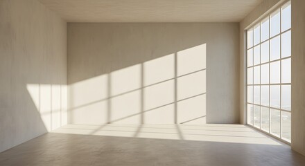 Sunlit Interior Space: An empty interior space bathed in sunlight, showcasing architectural design elements with minimalist aesthetics and natural light, creating a serene atmosphere.