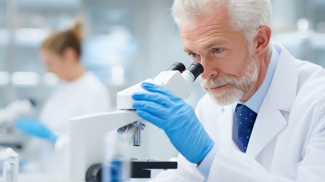 A scientist in a lab coat and blue gloves closely examines samples through a microscope in a modern laboratory setting.