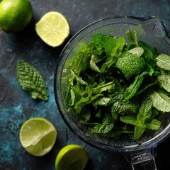 Mint leaves in a blender with green smoothie ingredients