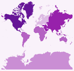 Map of World with continents. Just a simple border map with continent division. Purple color palette. Flat World shape with administrative division. Vector illustration.