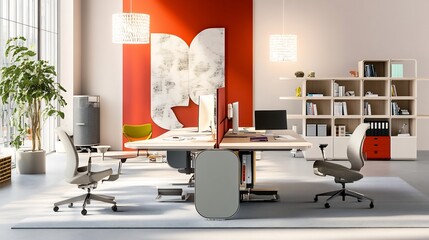 Creative office space with an art inspired desk comfortable lounge chairs and colorful shelving units featuring contemporary lighting and an open floor plan for an inspiring and flexible workspace