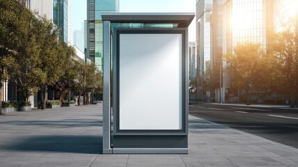 A modern empty advertising billboard stands on a city sidewalk with tall buildings and trees in the background during a sunny day.