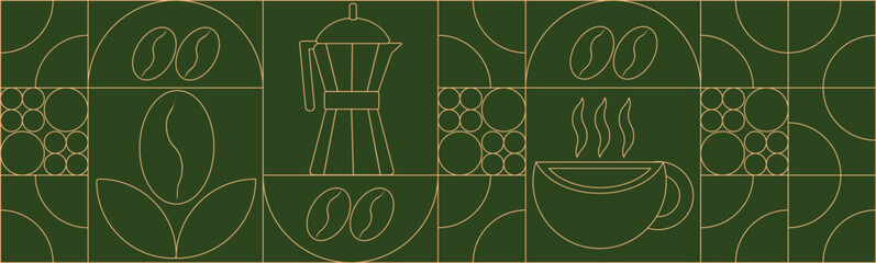 Geometric coffee pattern in minimalist style. Geometric line drawing. Abstract print background with simple shapes for coffee shop, food packaging, cafe wall, menu.